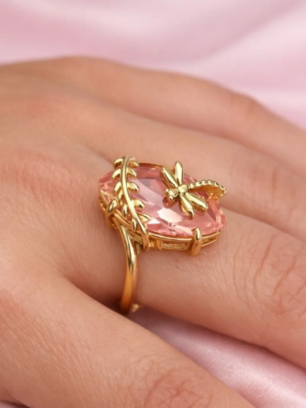 Gold Dragonfly Ring with Pink Marquise Crystal CHUNKY & Bold - Picture 5 of 9